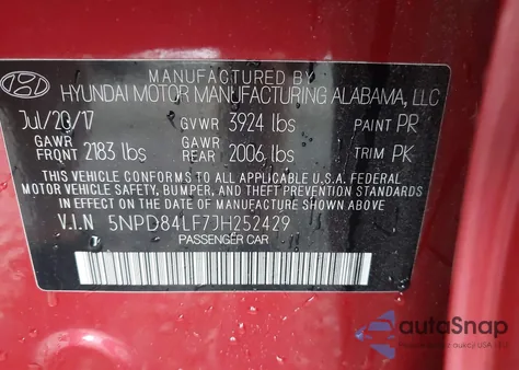 2018 Hyundai Elantra Sel z USA, uszkodzony, nr VIN 5NPD84LF7JH252429